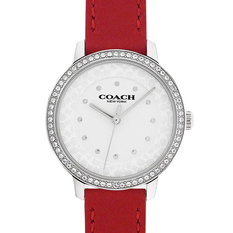 COACH 紅色真皮錶帶晶鑽鑲嵌女士腕錶