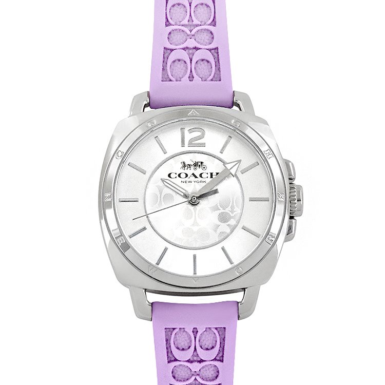 COACH 薰衣草紫色C LOGO立體浮雕橡膠錶帶女士腕錶