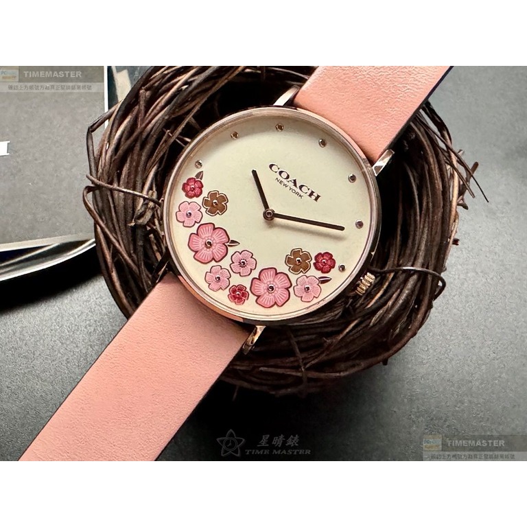 COACH手錶,編號CH00204,36mm玫瑰金圓形精鋼錶殼,白色中二針顯示, 山茶花錶面,粉紅真皮皮革錶帶款