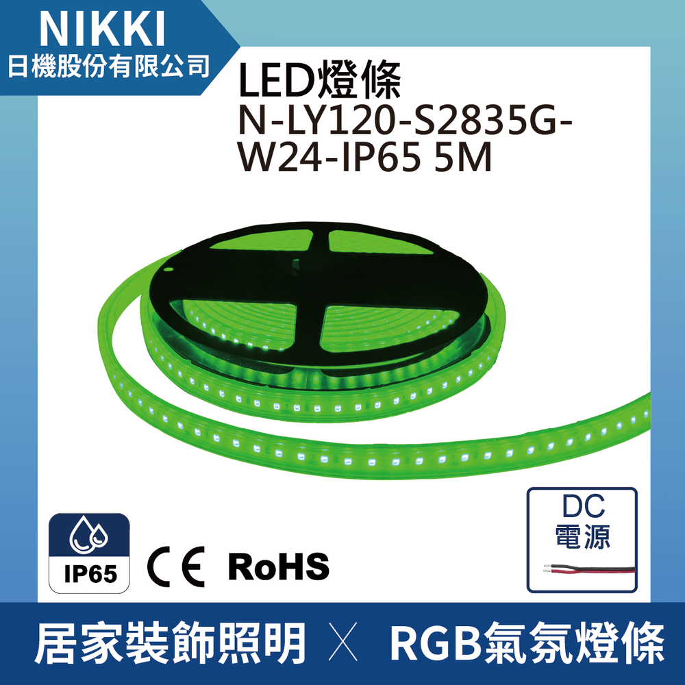 (日機) LED燈條 防水軟燈條 RGB燈條 露營燈 氣氛燈 綠光 5M長 120珠 IP65 N-LY120-S2835G-W24