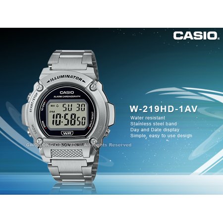CASIO 卡西歐 W-219HD-1A 電子錶 不鏽鋼錶帶 防水50米 LED背光 W-219H 國隆