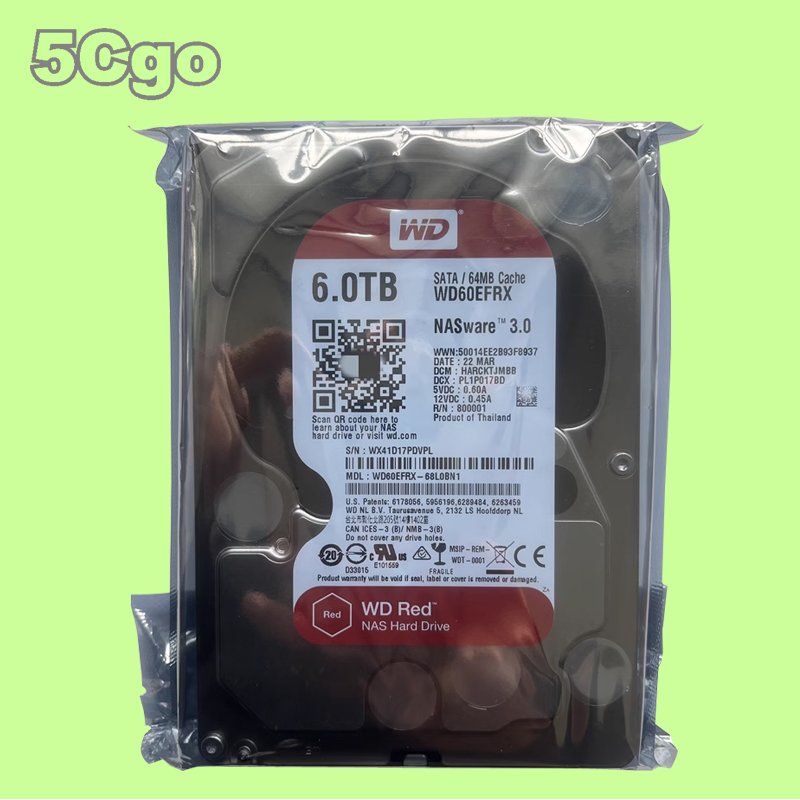 5Cgo【權宇】西部數據CMR垂直靜音3.5寸 6TB WD60EFRX 64M 紅盤PLUS臺式機NAS伺服器儲存 含稅