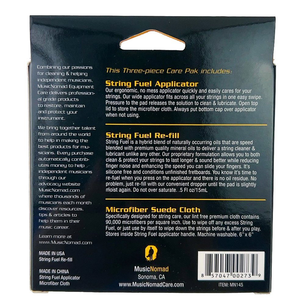 Combining  for cleaning  helpingindependent musiciansMusicNomad EquipmentCare delivers profession-al grade productsto restore maintainand protect yinstrumentWe bring together talentfrom around the worldto help in making thebest products for sicians Every purchaseautomatically contrib-utes money to helpindependent musiciansthrough ouradvocacy websiteMusicNomadcomwhere thousands ofmusicians each monthdiscover resourcestips & articles tohelp them in theirmusic career.Learn more atwww.MusicNomad.comMADE IN USAString Fuel Re-fillMADE IN CHINAString Fuel ApplicatorMicrofiber ClothThis Three-piece Care Pak includesString Fuel ApplicatorOur ergonomic, no mess applicator quickly and easily cares for yourstrings. Our wide applicator fits across all your strings in one easy swipe.Pressure to the pad releases the solution to clean & lubricate. Open toplid to store the microfiber cloth. Always put bottom cap over applicatorwhen not using.String Fuel Re-fillString Fuel is a hybrid blend of naturally occurring oils that are speedblended with premium quality mineral oils to deliver a string cleaner &lubricant unlike any other. Our proprietary formulation allows you to bothclean & protect your strings to last longer & sound better while reducingfinger noise and enhancing the speed you can slide your fingers. Itssilicone free and conditions unfinished fretboards. You know its time tore-fuel when you press on the applicator and there is no oil residue. Noproblem, just re-fill with our convenient dropper until the pad is slightlymoist again. Do not over saturate.   /15mLMicrofiber Suede ClothSpecifically designed for string care, our lint free premium cloth contains90,000 microfibers per square inch. Use to wipe off any ecess StringFuel, or just use by itself to wipe down the strings before & after you play.Stores inside String Fuel applicator handle. Machine washable. 6 x 6MusicNomadSonoma, CAwww.MusicNomadCare.com857047002739ITEM: MN145
