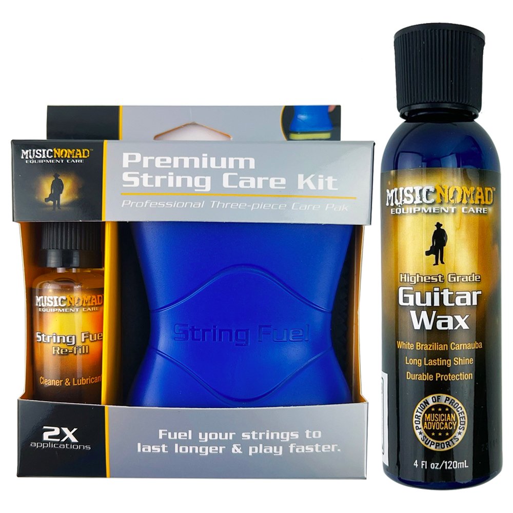 MUSICNOMADEQUIPMENT CAREPremiumString Care KitProfessional Threepiece Care PakMUSICNOMADEQUIPMENT CAREMUSICNOMADEQUIPMENT CAREString FueRe-fillCleaner & LubricanString FuelHighest GradeGuitarWaxWhite Brazilian CarnaubaLong Lasting ShineDurable ProtectionOFapplicationsFuel your strings tolast longer & play faster.4  oz/120mL