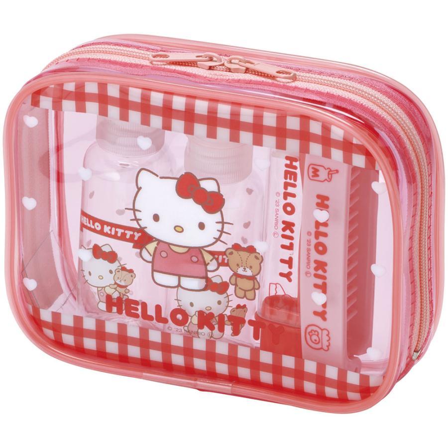 JPGO 凱蒂貓 kitty 格紋紅 旅用盥洗用品 附防水包 牙刷 折疊梳 分裝瓶 梳子 收納包 旅行
