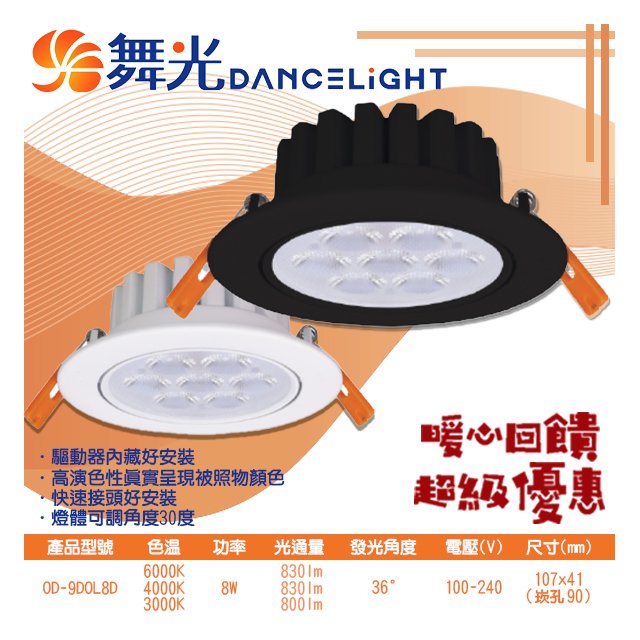 【阿倫燈具】舞光(POD-9DOL8) LED-8W 9公分歡笑崁燈 一體成型 CNS認證 高演色性 附快接適用於住家、辦公室等 保固