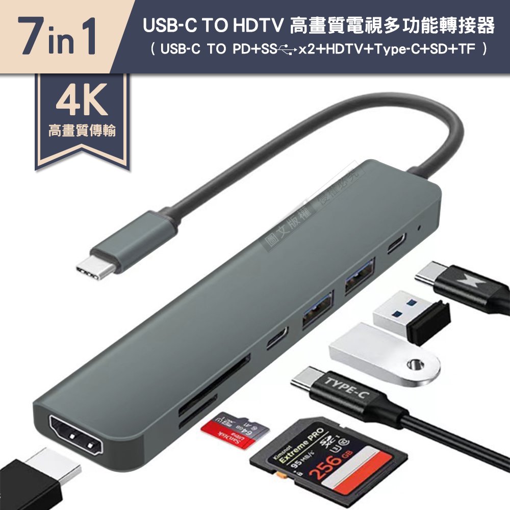 4K高畫質 7合1多功能轉接器 USB-C to HDTV+Type-C+USB+ SD+TF 支援PD87W快充 擴充集線讀卡機