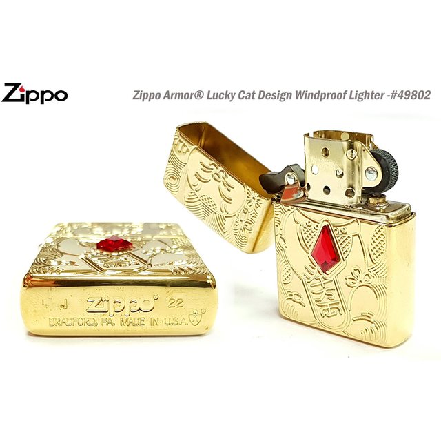 Zippo Armor® Lucky Cat Design 盔甲系列 紅鑽招財貓防風打火機-ZIPPO 49802