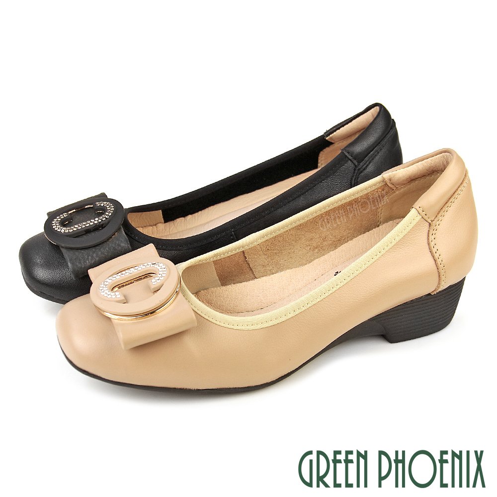【GREEN PHOENIX 波兒德】女鞋 娃娃鞋 包鞋 全真皮 小坡跟 厚底 小坡跟 蝴蝶結 OL 通勤 上班 U60-26802