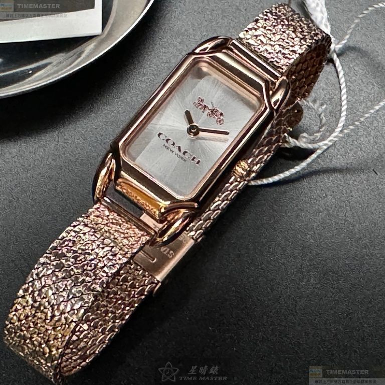 COACH手錶,編號CH00208,18mm, 28mm玫瑰金方形精鋼錶殼,銀白簡約, 中二針顯示錶面,玫瑰金色精鋼錶帶款