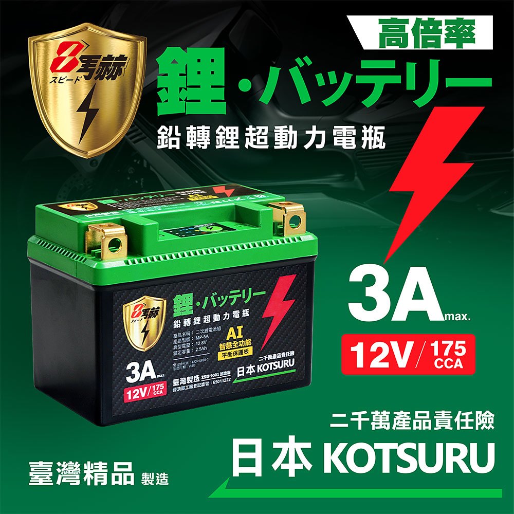 【日本KOTSURU】8馬赫 鉛轉鋰超動力機車電瓶 鋰鐵啟動電池 (5L) 12V 175CCA 台灣製造