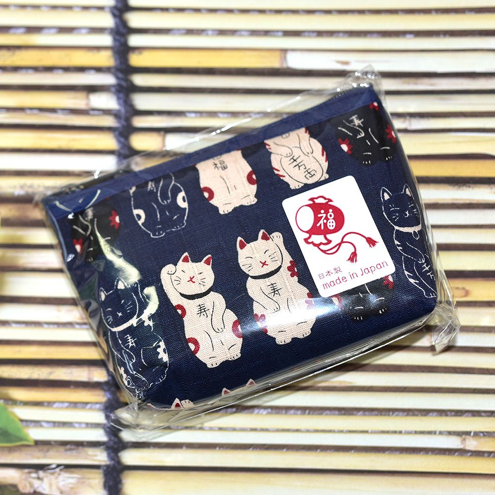 日本製 和風 貓咪 拉鍊 錢包 隨身包 100%棉 13x8.5cm