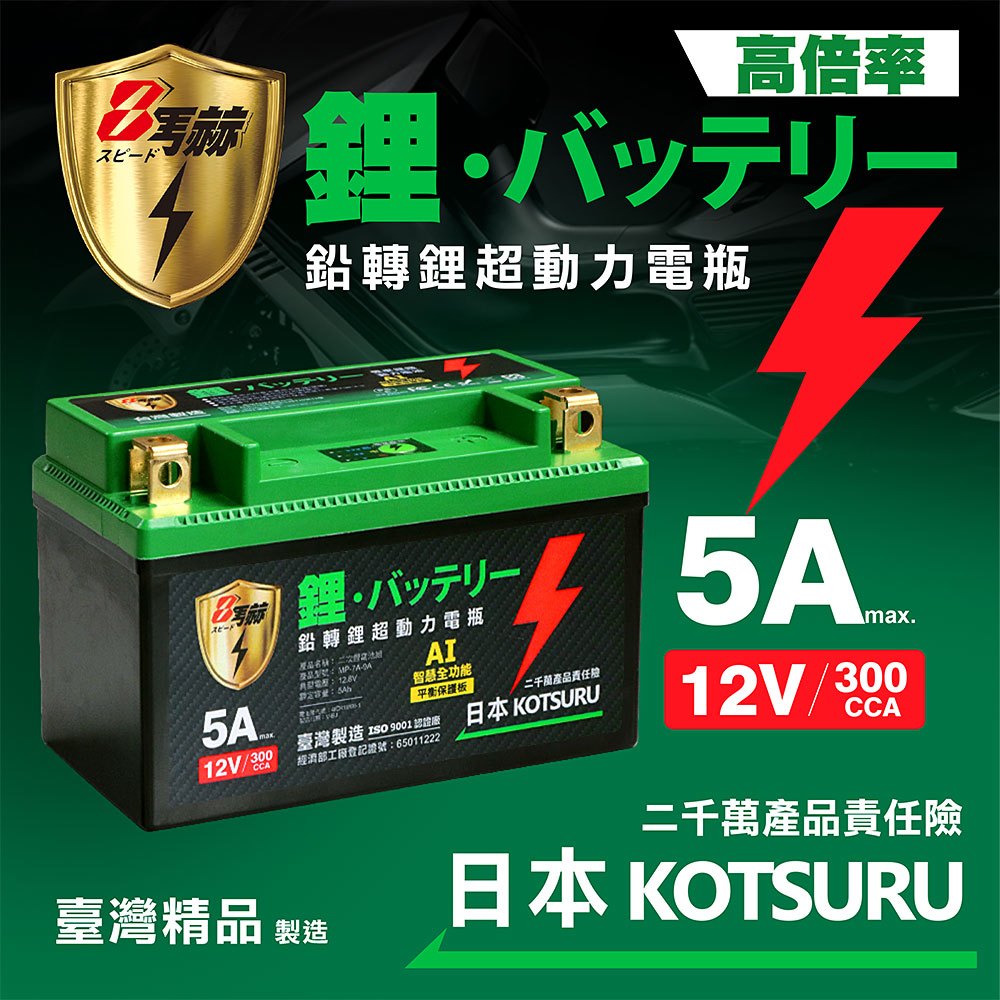 【日本KOTSURU】MP-7A 8馬赫 鉛轉鋰超動力機車電瓶 鋰鐵啟動電池 12V 300CCA 台灣製造