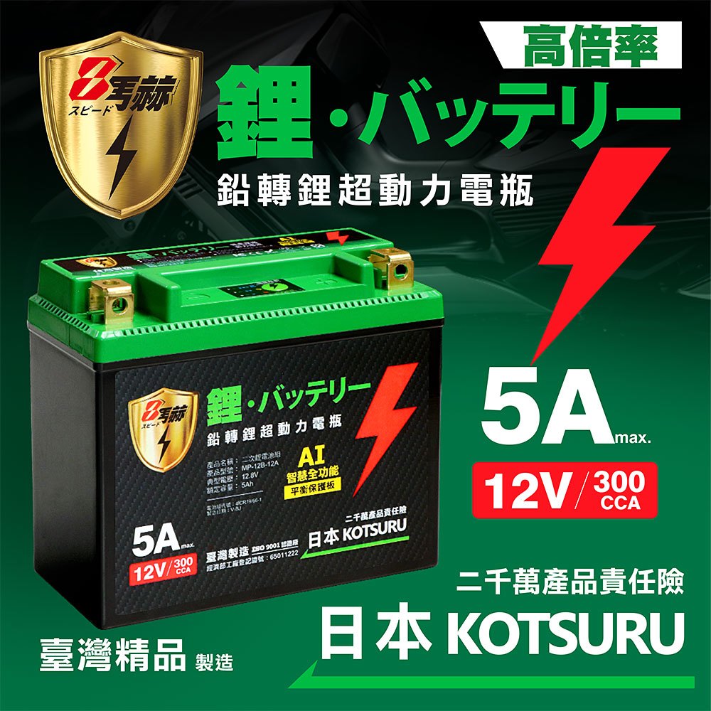 【日本KOTSURU】MP-12A 8馬赫 鉛轉鋰超動力機車電瓶 鋰鐵啟動電池 12V 300CCA 台灣製造