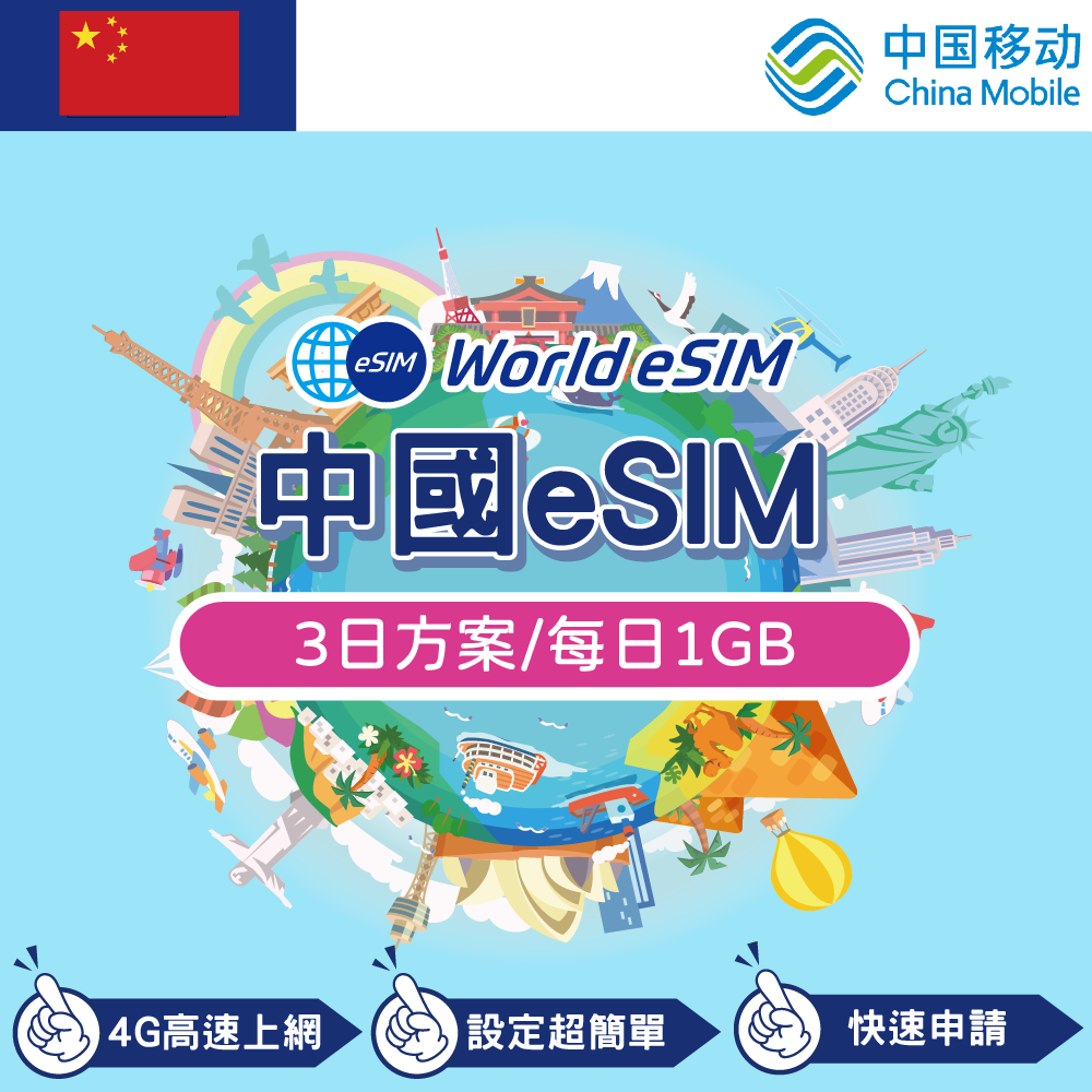 中國 eSIM 上網卡 3天 每日1GB 降速吃到飽 4G高速上網 China Mobile 手機上網 中國漫游旅游卡 日商公司品質保證