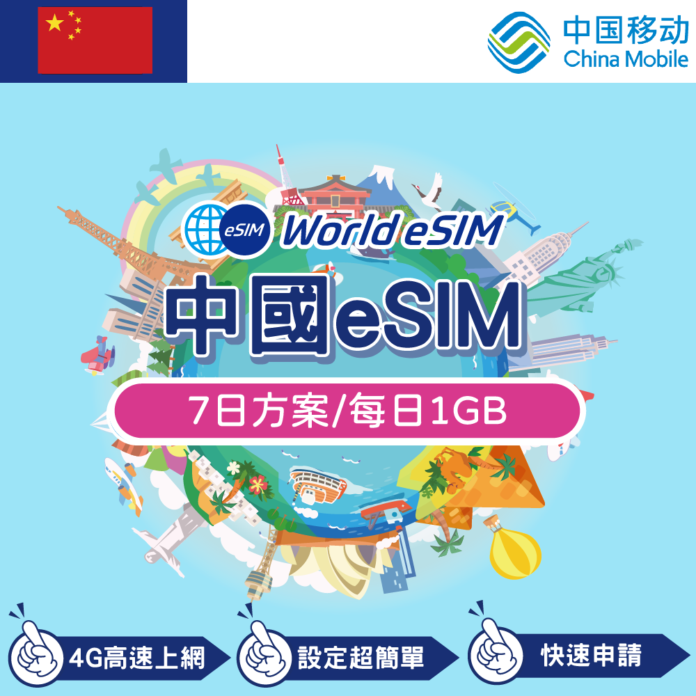 中國 eSIM 上網卡 7天 每日1GB 降速吃到飽 4G高速上網 China Mobile 手機上網 中國漫游旅游卡 日商公司品質保證