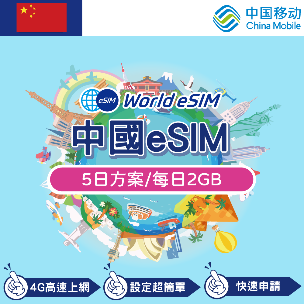 中國 eSIM 上網卡 5天 每日2GB 降速吃到飽 4G高速上網 China Mobile 手機上網 中國漫游旅游卡 日商公司品質保證