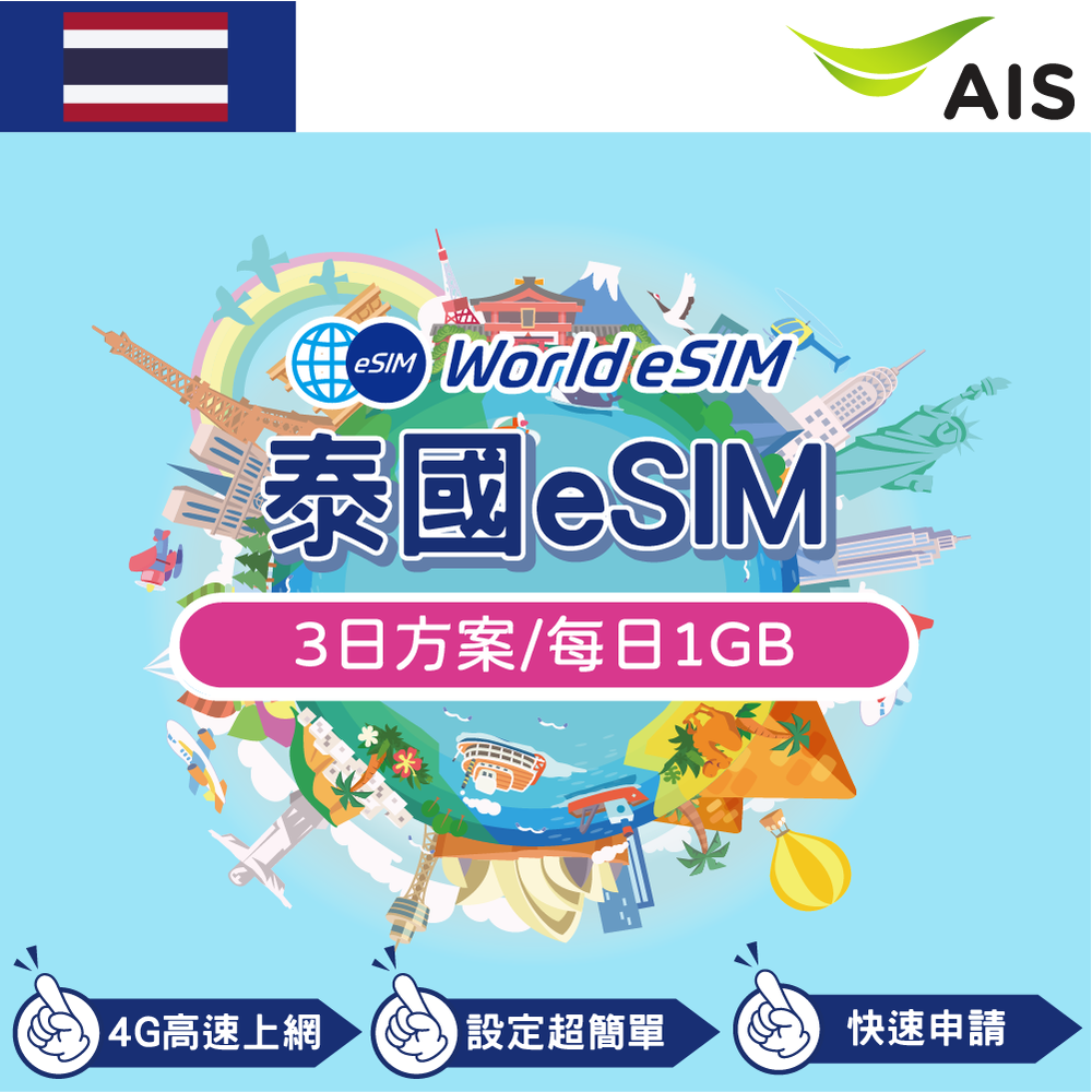 泰國 eSIM 上網卡 3天 每日1GB 降速吃到飽 4G高速上網 Ais 手機上網 泰國漫游旅游卡 日商公司品質保證