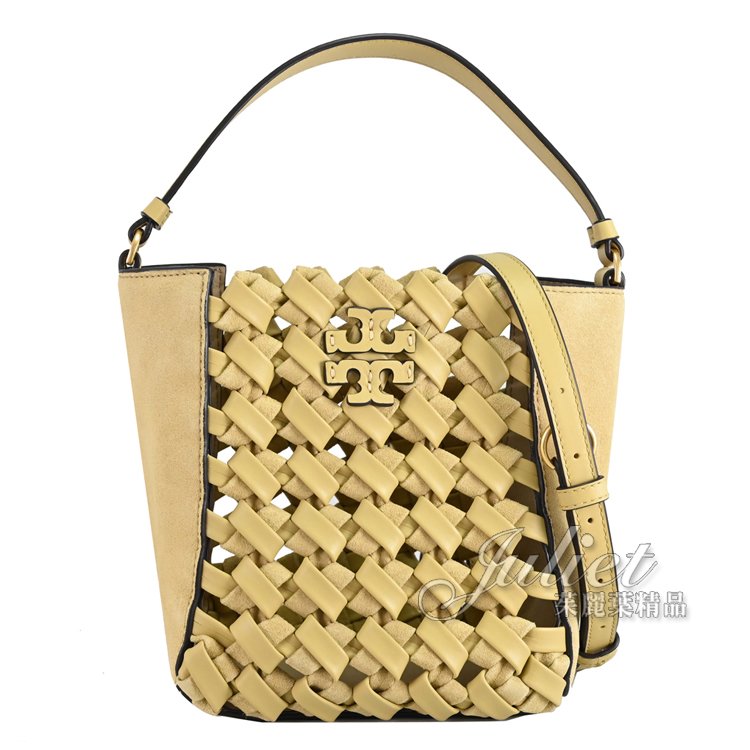 【全新現貨 優惠中】茱麗葉精品 TORY BURCH 86498 絨面皮革鏤空編織兩用水桶包.淡黃現金價$13,800