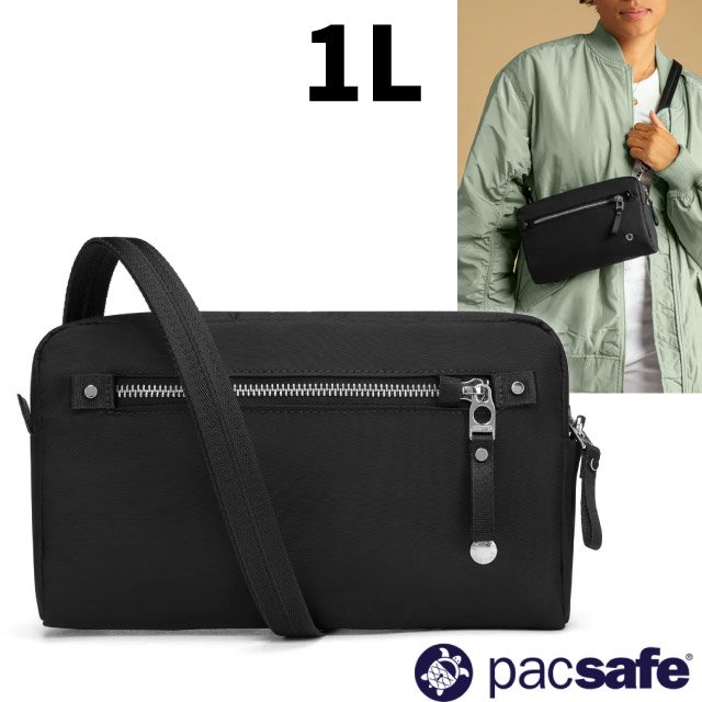 【Pacsafe】W 3-In-1 Sling 三用防盜手拿側背包 1L.單肩側背包.RFID護照包.手拿隨身包/防割裂鋼網.防割背帶/20461100 黑色