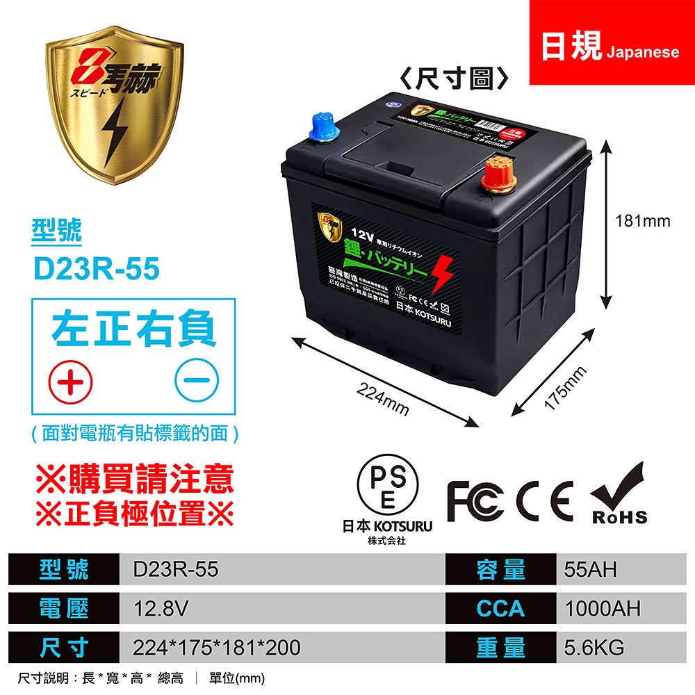 【日本KOTSURU】D23R-55 8馬赫 【日規】汽車電瓶 鋰鐵啟動電池 12V 55AH 1000CCA (電極左正右負)