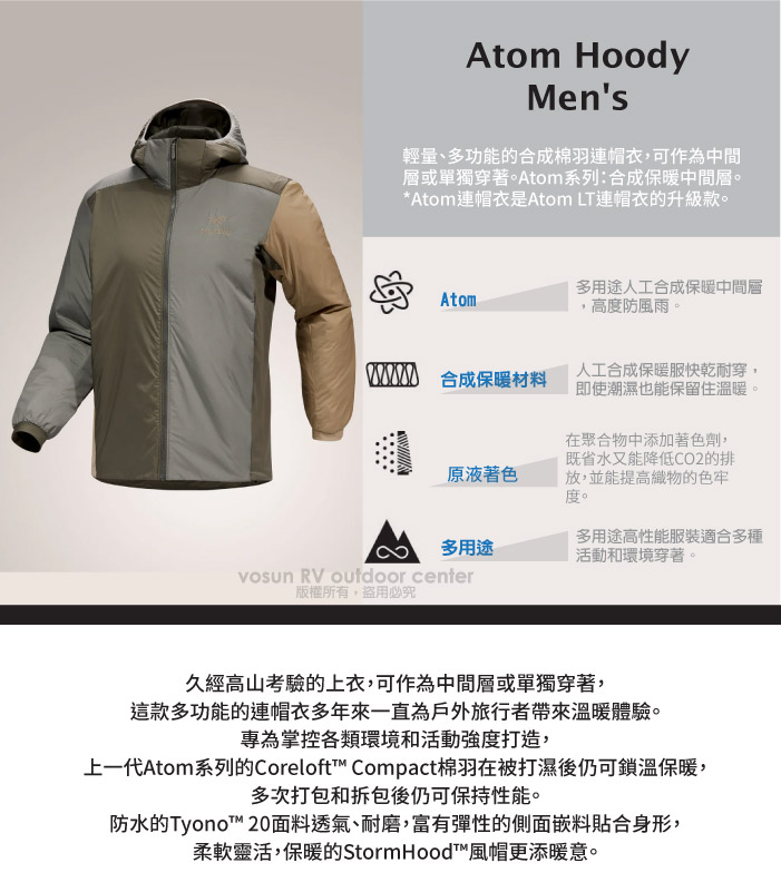ARCTERYX 始祖鳥】男Atom 輕量抗水耐磨連帽化纖外套(僅370g